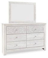 Paxberry King Panel Bed with Mirrored Dresser and Chest in Whitewash from Ashley - Luna Furniture