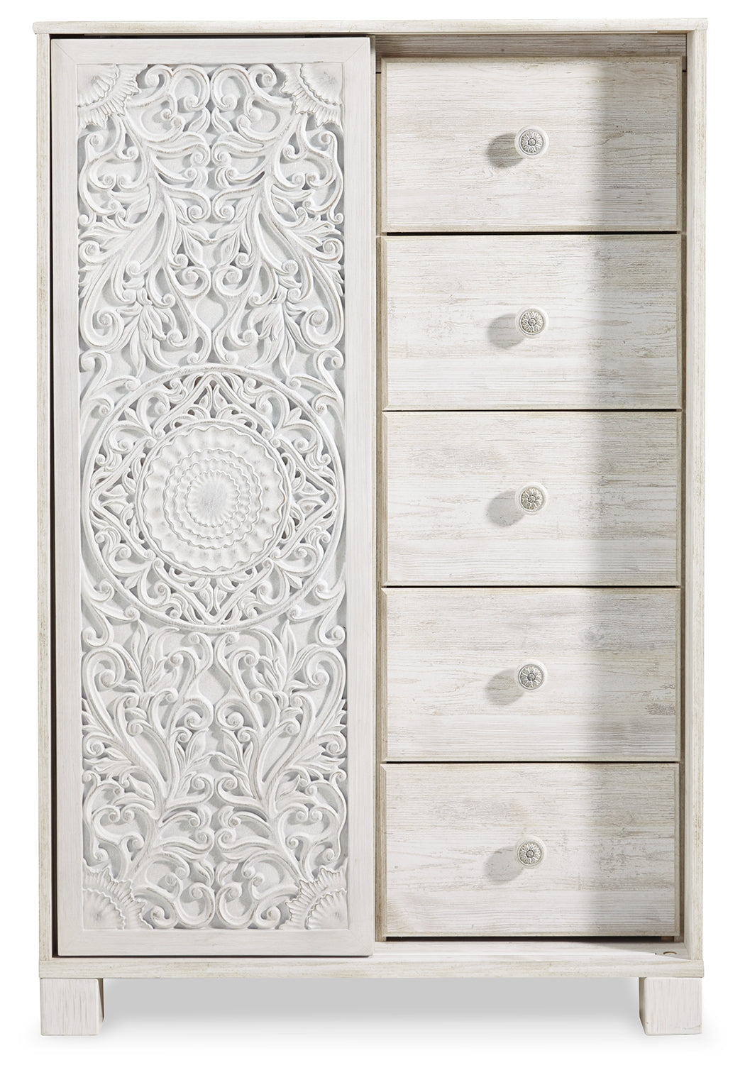 Paxberry King Panel Bed with Mirrored Dresser and Chest in Whitewash from Ashley - Luna Furniture