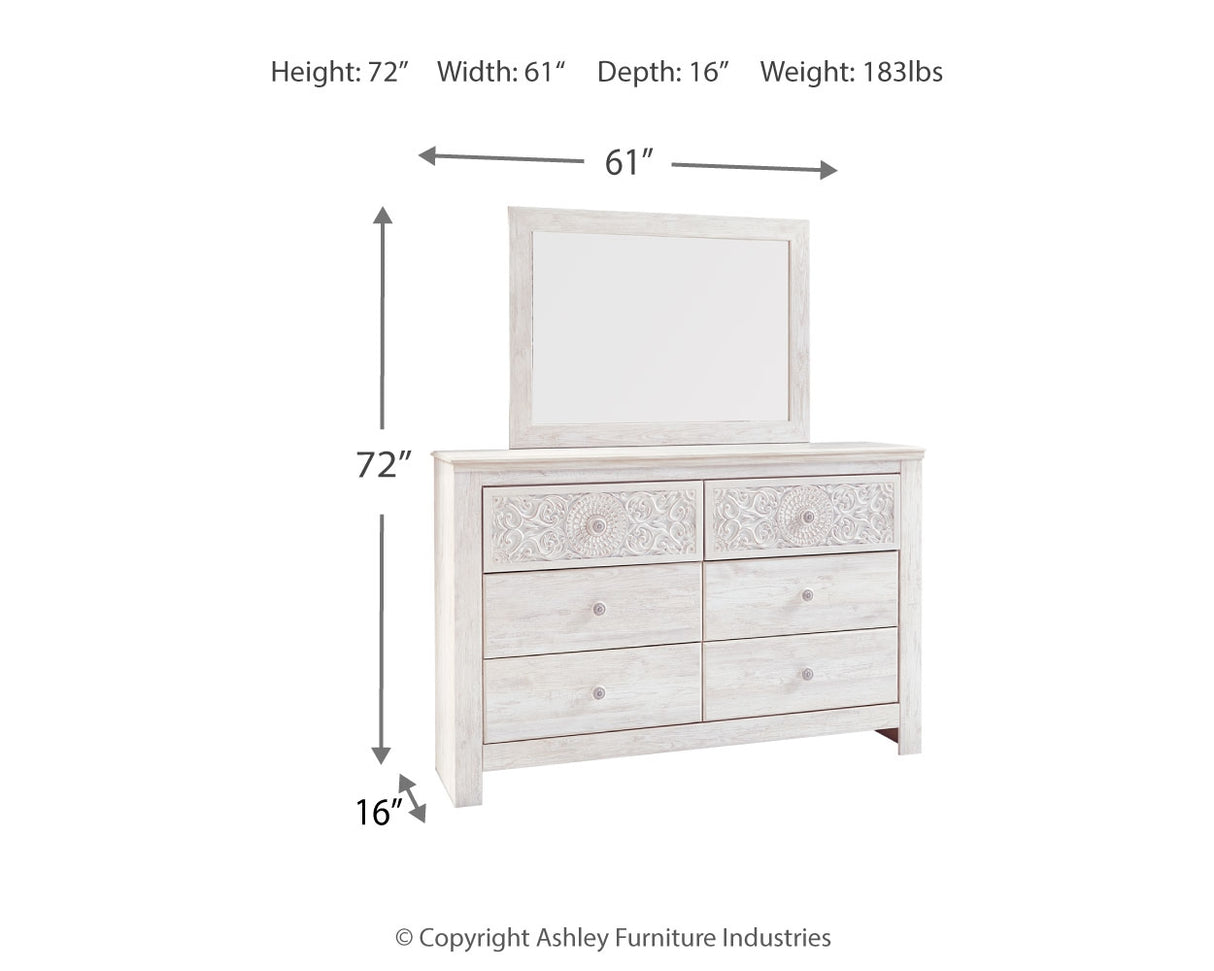 Paxberry King Panel Bed with Mirrored Dresser and Chest in Whitewash from Ashley - Luna Furniture