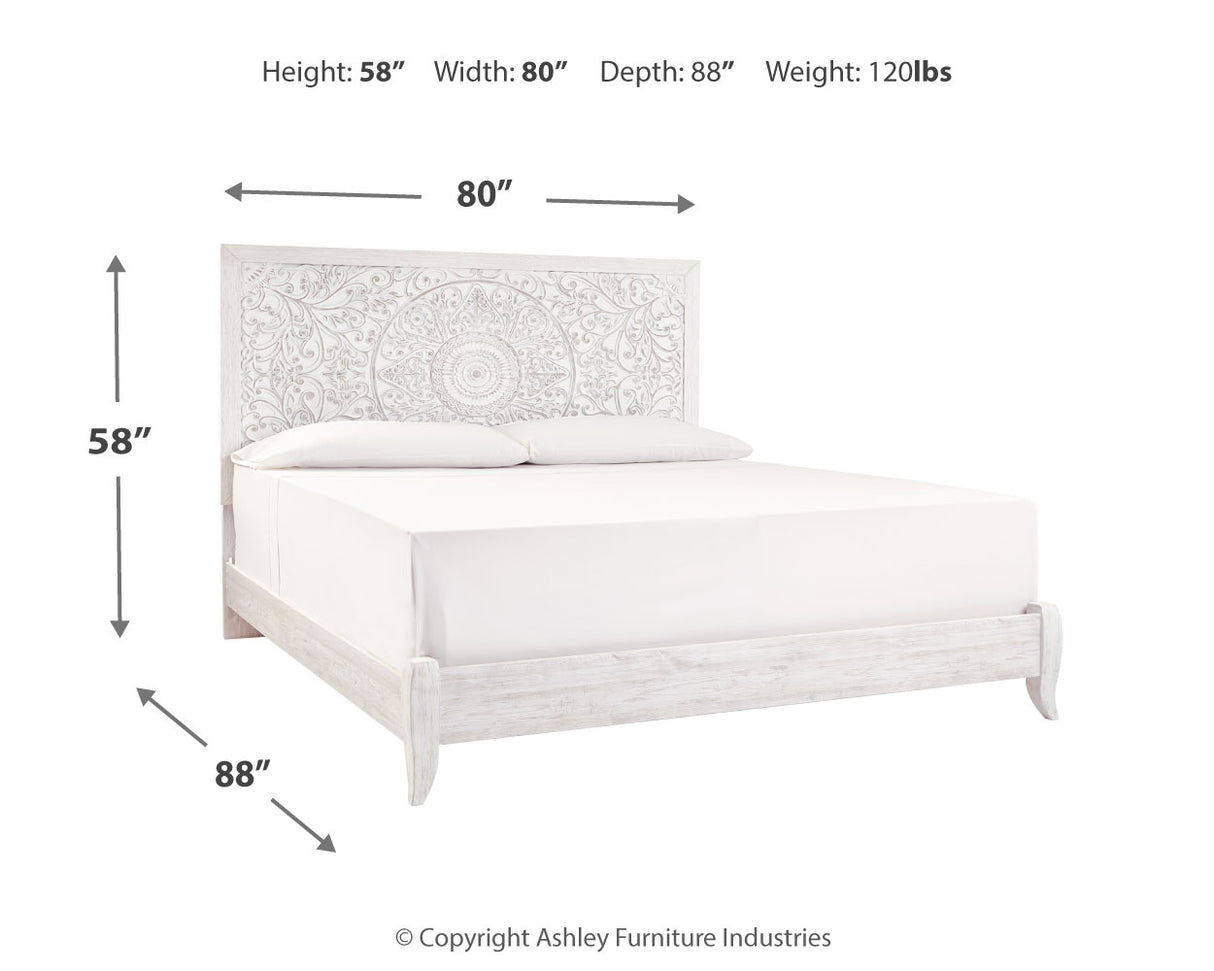 Paxberry King Panel Bed with Mirrored Dresser and Chest in Whitewash from Ashley - Luna Furniture