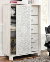 Paxberry King Panel Bed with Mirrored Dresser and Chest in Whitewash from Ashley - Luna Furniture