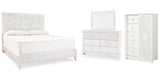 Paxberry King Panel Bed with Mirrored Dresser and Chest in Whitewash from Ashley - Luna Furniture