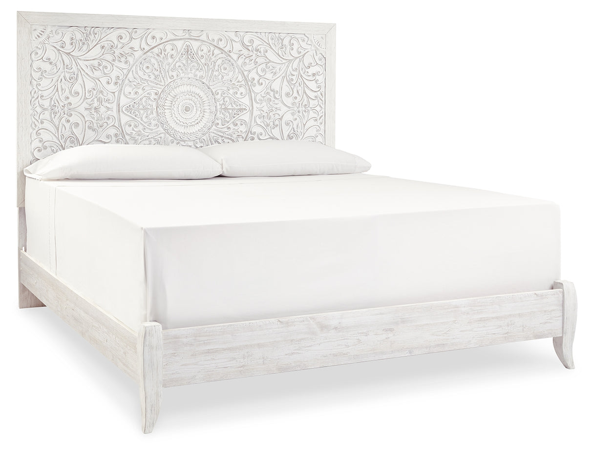 Paxberry King Panel Bed with Mirrored Dresser and Chest in Whitewash from Ashley - Luna Furniture