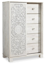 Paxberry King Panel Bed with Mirrored Dresser and Chest in Whitewash from Ashley - Luna Furniture