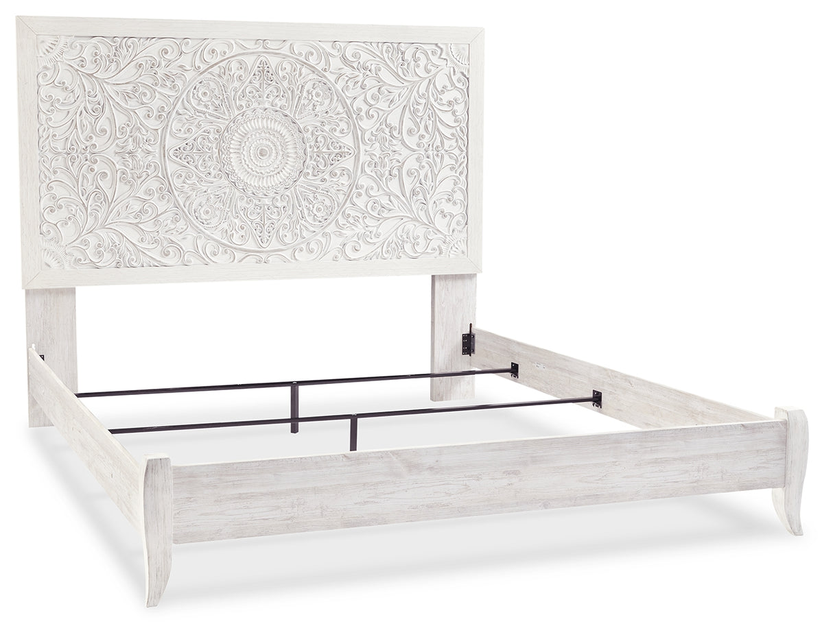 Paxberry King Panel Bed with Mirrored Dresser, Chest and 2 Nightstands in Whitewash from Ashley - Luna Furniture