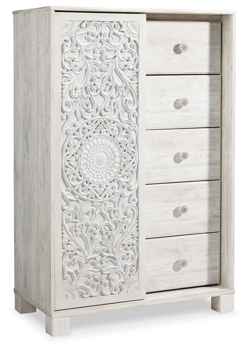 Paxberry King Panel Bed with Mirrored Dresser, Chest and 2 Nightstands in Whitewash from Ashley - Luna Furniture