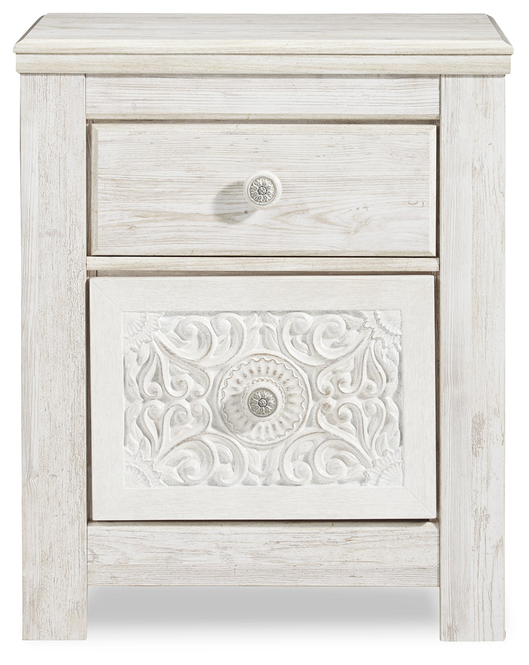 Paxberry King Panel Bed with Mirrored Dresser, Chest and Nightstand in Whitewash from Ashley - Luna Furniture