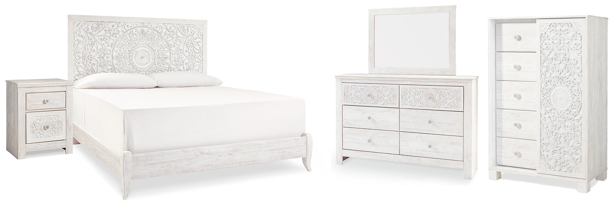 Paxberry King Panel Bed with Mirrored Dresser, Chest and Nightstand in Whitewash from Ashley - Luna Furniture