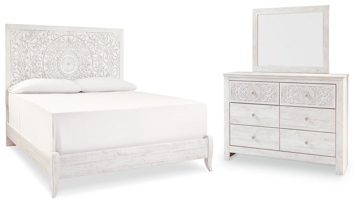 Paxberry King Panel Bed with Mirrored Dresser in Whitewash from Ashley - Luna Furniture