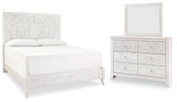 Paxberry King Panel Bed with Mirrored Dresser in Whitewash from Ashley - Luna Furniture