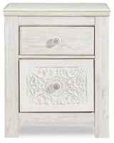 Paxberry Queen Panel Bed with Mirrored Dresser and 2 Nightstands in Whitewash from Ashley - Luna Furniture