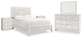 Paxberry Queen Panel Bed with Mirrored Dresser and 2 Nightstands in Whitewash from Ashley - Luna Furniture