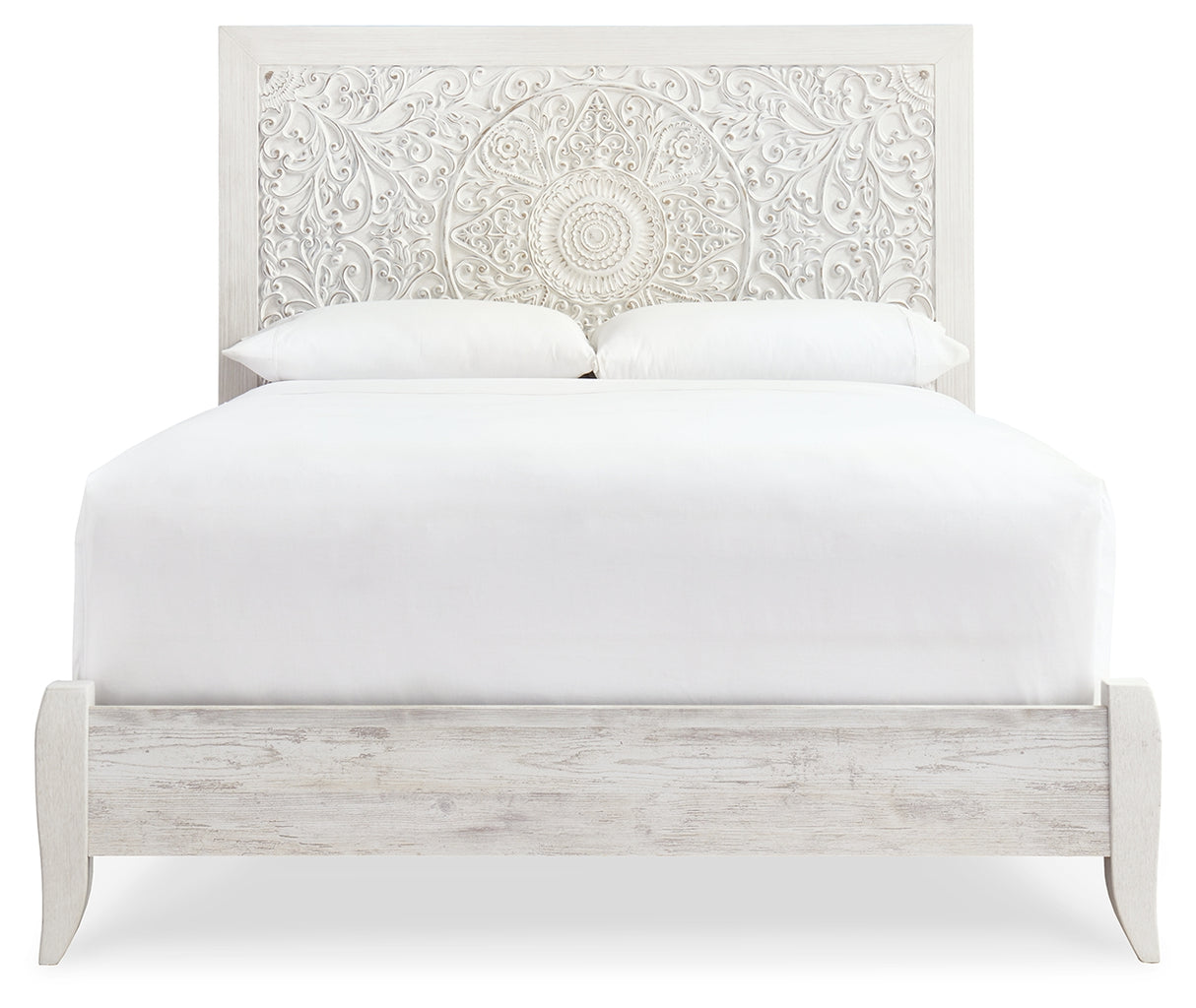 Paxberry Queen Panel Bed with Mirrored Dresser and 2 Nightstands in Whitewash from Ashley - Luna Furniture