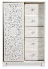 Paxberry Queen Panel Bed with Mirrored Dresser and Chest in Whitewash from Ashley - Luna Furniture