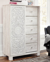 Paxberry Queen Panel Bed with Mirrored Dresser and Chest in Whitewash from Ashley - Luna Furniture