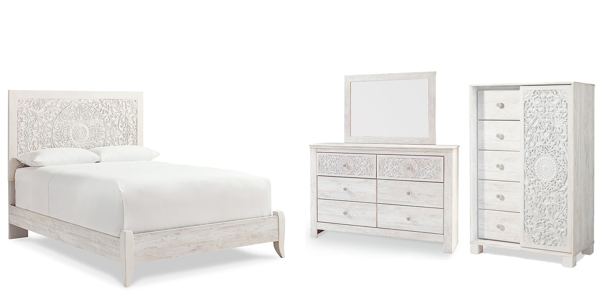 Paxberry Queen Panel Bed with Mirrored Dresser and Chest in Whitewash from Ashley - Luna Furniture