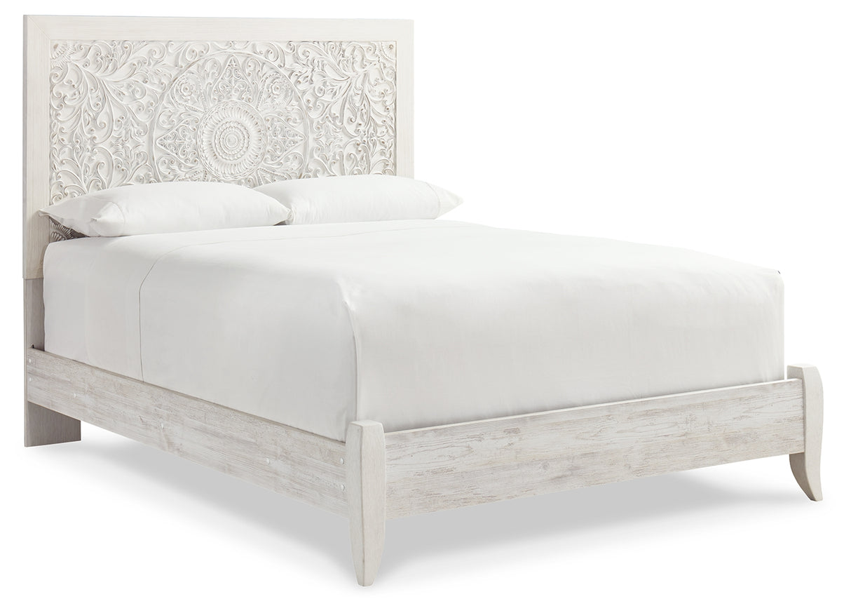 Paxberry Queen Panel Bed with Mirrored Dresser and Chest in Whitewash from Ashley - Luna Furniture