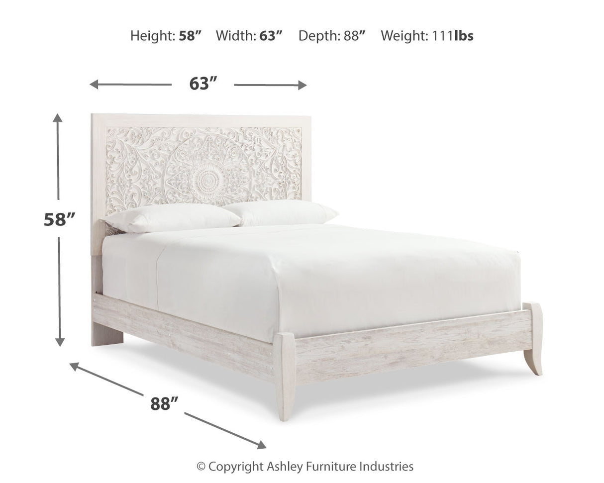 Paxberry Queen Panel Bed with Mirrored Dresser, Chest and Nightstand in Whitewash - PKG007432