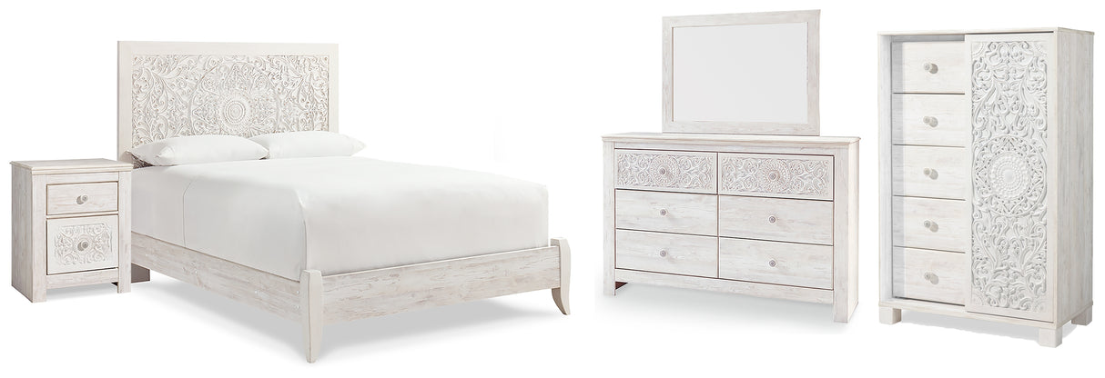 Paxberry Queen Panel Bed with Mirrored Dresser, Chest and Nightstand in Whitewash - PKG007432