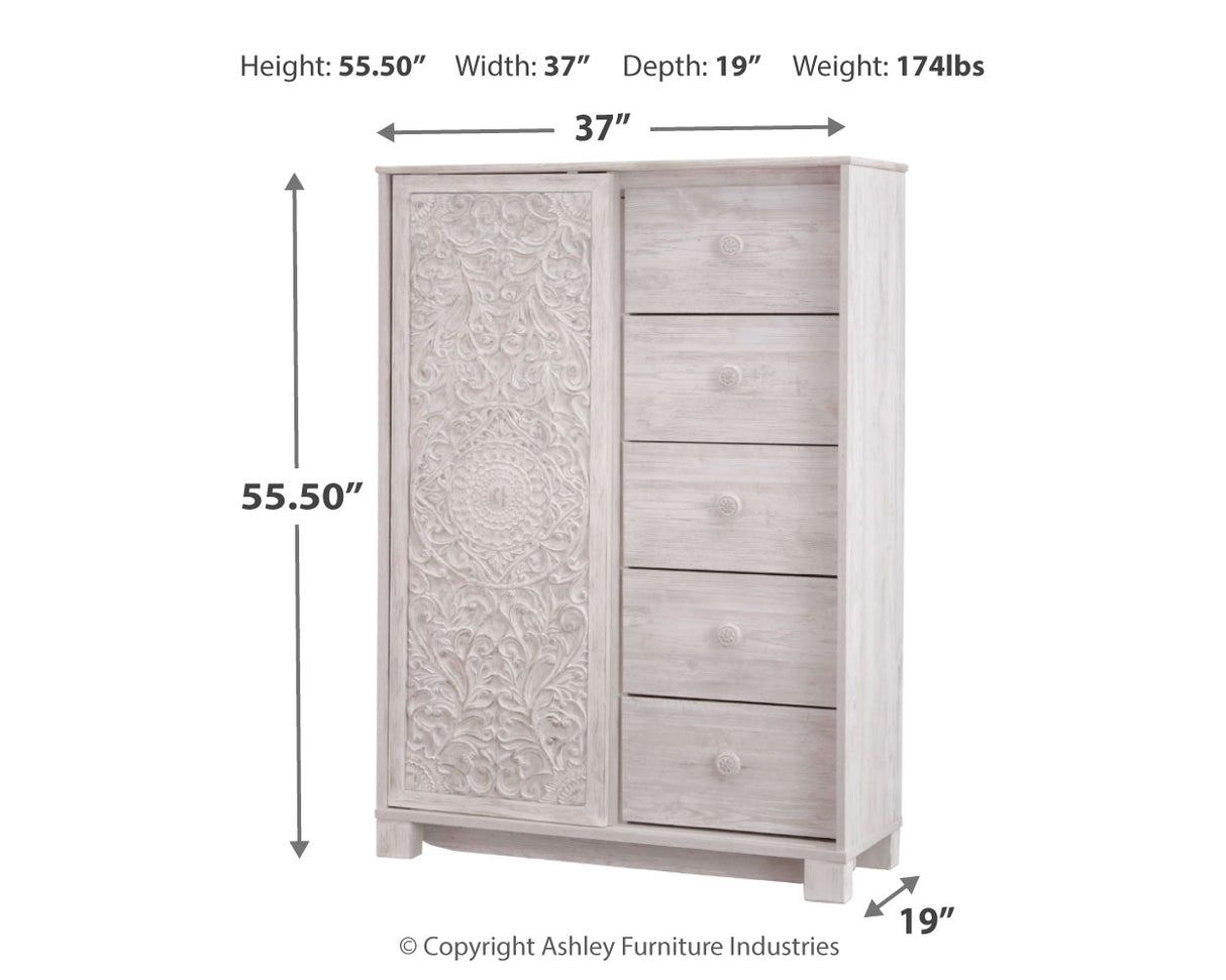 Paxberry Queen Panel Bed with Mirrored Dresser, Chest and Nightstand in Whitewash - PKG007432