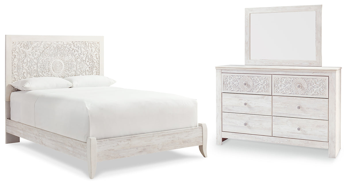 Paxberry Queen Panel Bed with Mirrored Dresser in Whitewash from Ashley - Luna Furniture