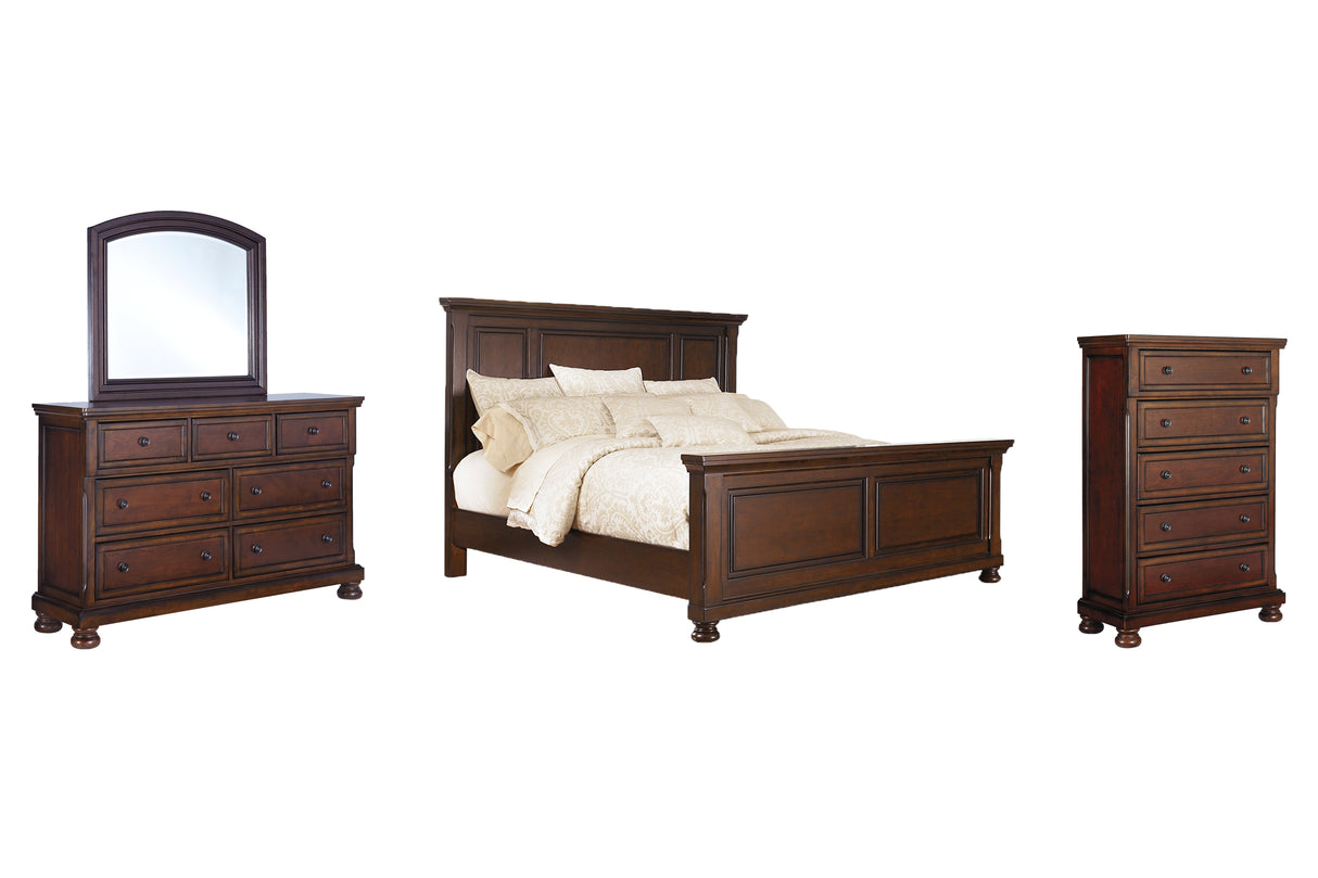 Porter California King Panel Bed with Mirrored Dresser and Chest in Rustic Brown from Ashley - Luna Furniture