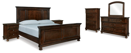 Porter California King Panel Bed with Mirrored Dresser, Chest and 2 Nightstands in Rustic Brown from Ashley - Luna Furniture