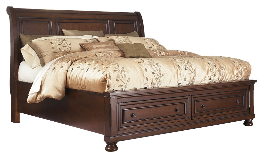 Porter California King Sleigh Bed with Mirrored Dresser and Chest in Rustic Brown from Ashley - Luna Furniture