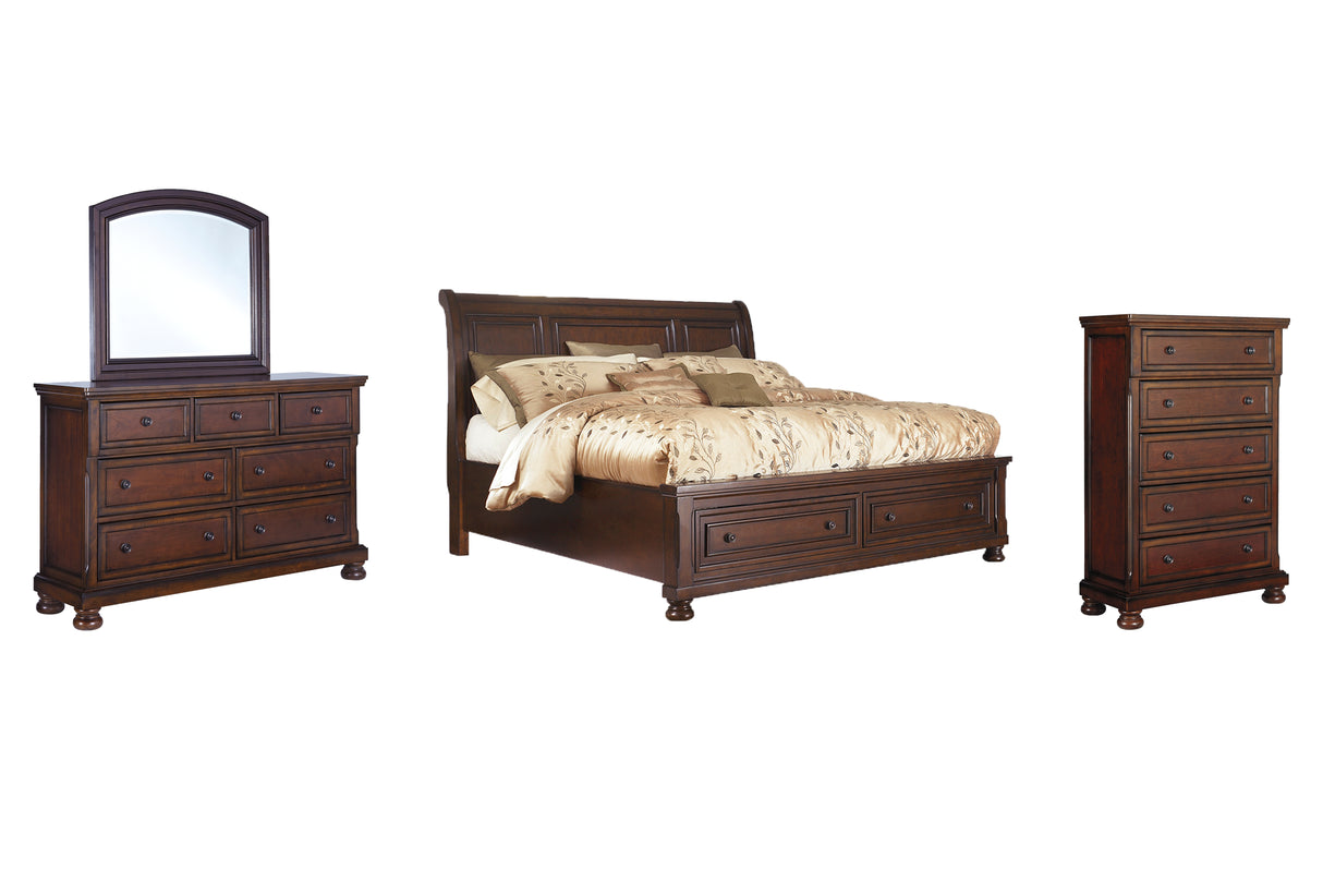 Porter California King Sleigh Bed with Mirrored Dresser and Chest in Rustic Brown from Ashley - Luna Furniture