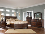 Porter California King Sleigh Bed with Mirrored Dresser and Chest in Rustic Brown from Ashley - Luna Furniture