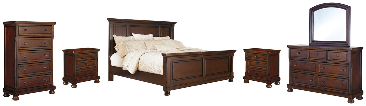 Porter Queen Panel Bed with Mirrored Dresser, Chest and 2 Nightstands in Rustic Brown from Ashley - Luna Furniture