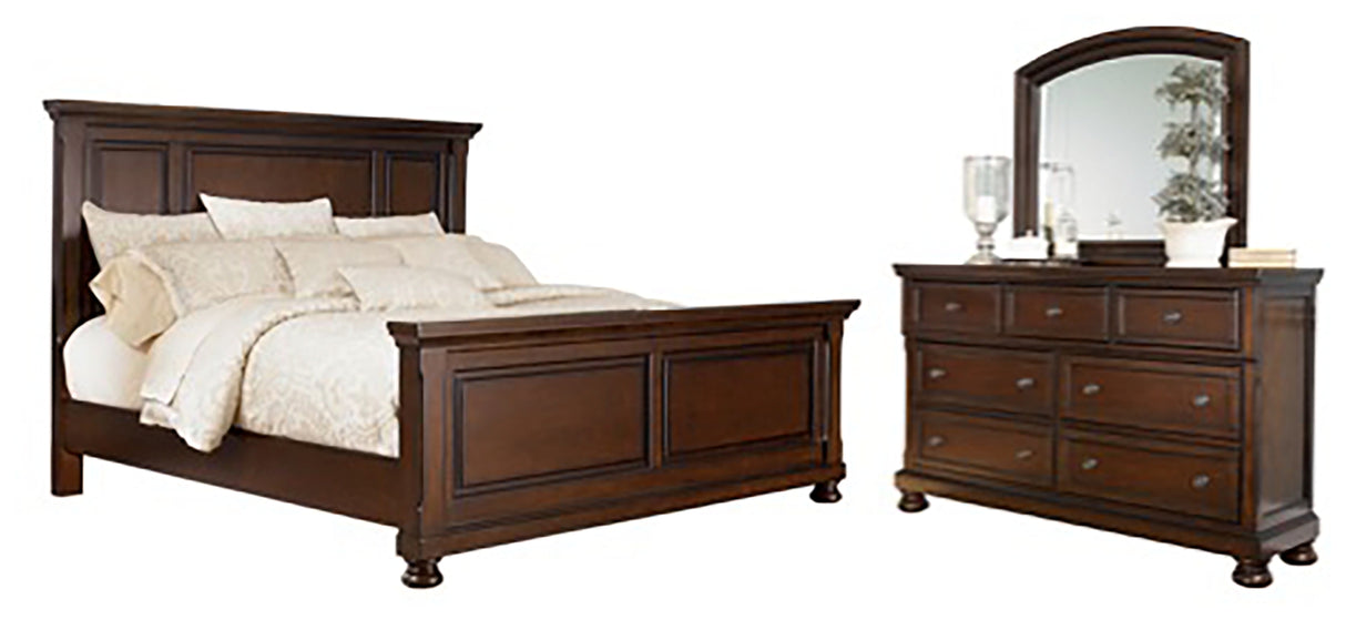 Porter Queen Panel Bed with Mirrored Dresser in Rustic Brown from Ashley - Luna Furniture