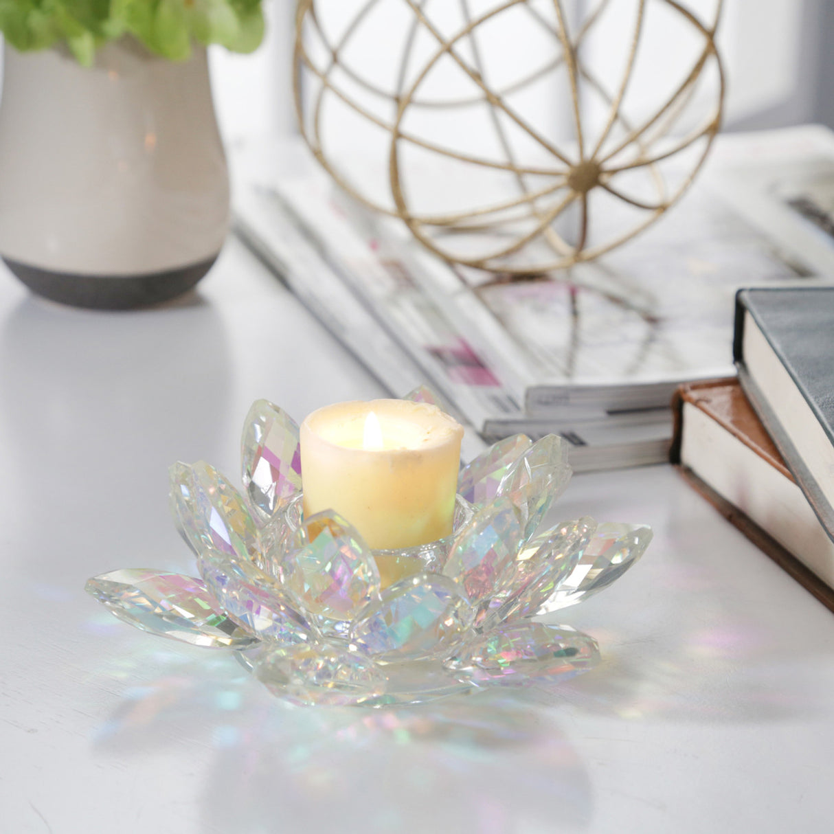 Rainbow Crystal Lotus Votive Holder 6" - 13211-14