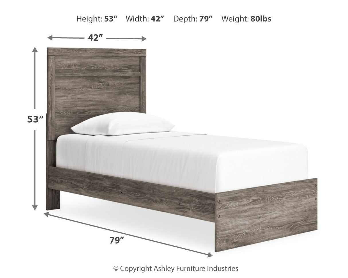 Ralinksi Twin Panel Bed with Mirrored Dresser and 2 Nightstands in Gray - PKG015986