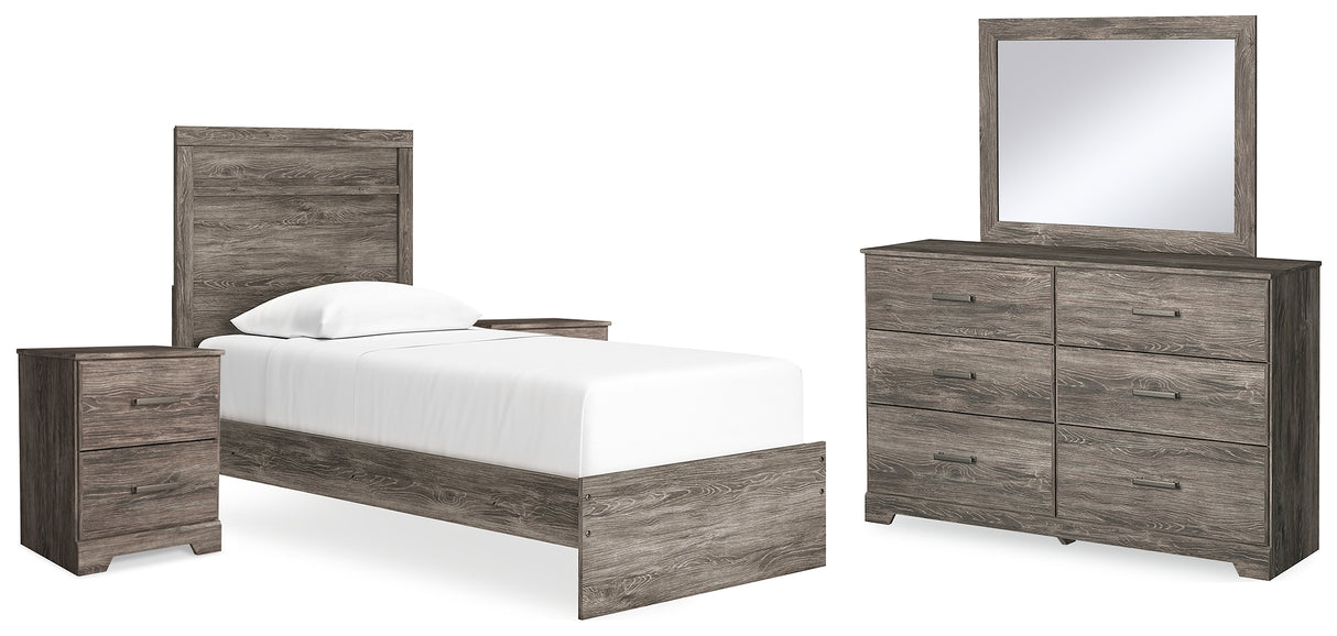 Ralinksi Twin Panel Bed with Mirrored Dresser and 2 Nightstands in Gray - PKG015986