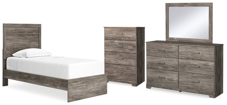 Ralinksi Twin Panel Bed with Mirrored Dresser and Chest in Gray - PKG015989