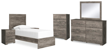 Ralinksi Twin Panel Bed with Mirrored Dresser, Chest and 2 Nightstands in Gray - PKG015987