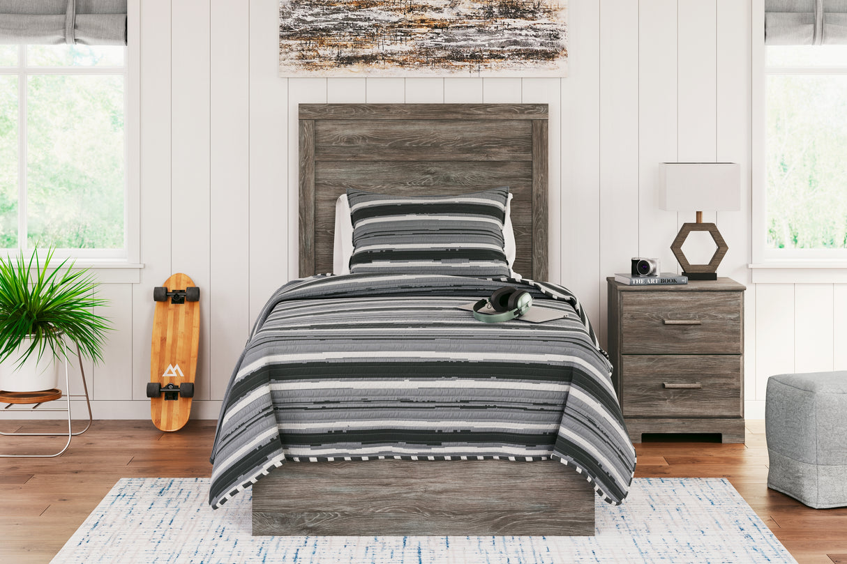 Ralinksi Twin Panel Bed with Mirrored Dresser, Chest and 2 Nightstands in Gray - PKG015987