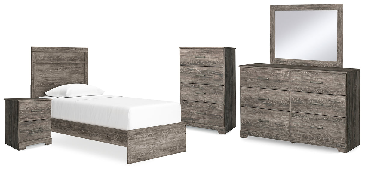 Ralinksi Twin Panel Bed with Mirrored Dresser, Chest and Nightstand in Gray - PKG015990