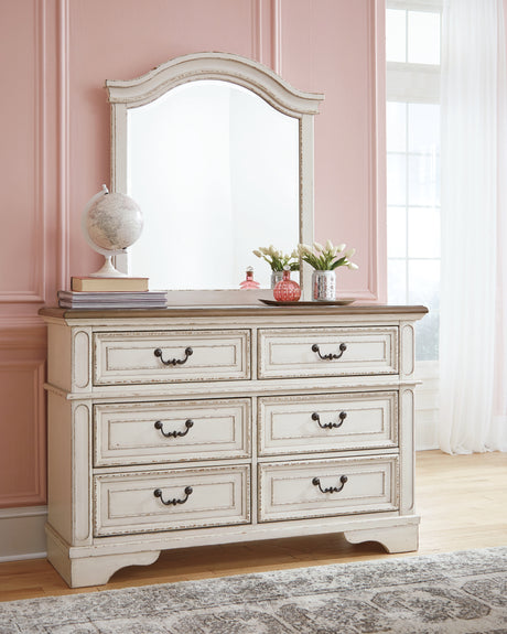 Realyn Full Panel Bed with Mirrored Dresser and Chest in Chipped White - PKG006728