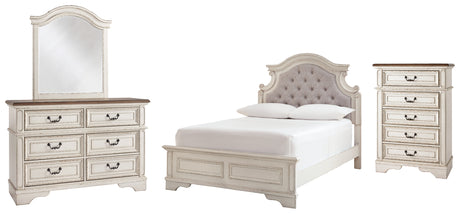 Realyn Full Panel Bed with Mirrored Dresser and Chest in Chipped White - PKG006728