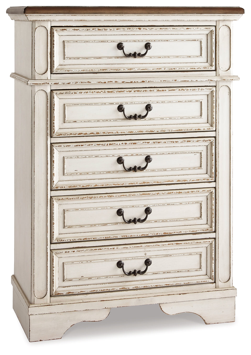 Realyn Full Panel Bed with Mirrored Dresser and Chest in Chipped White - PKG006728