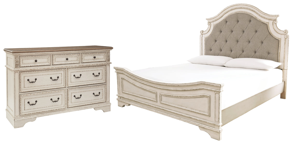 Realyn King Upholstered Panel Bed with Dresser in Chipped White - PKG000717