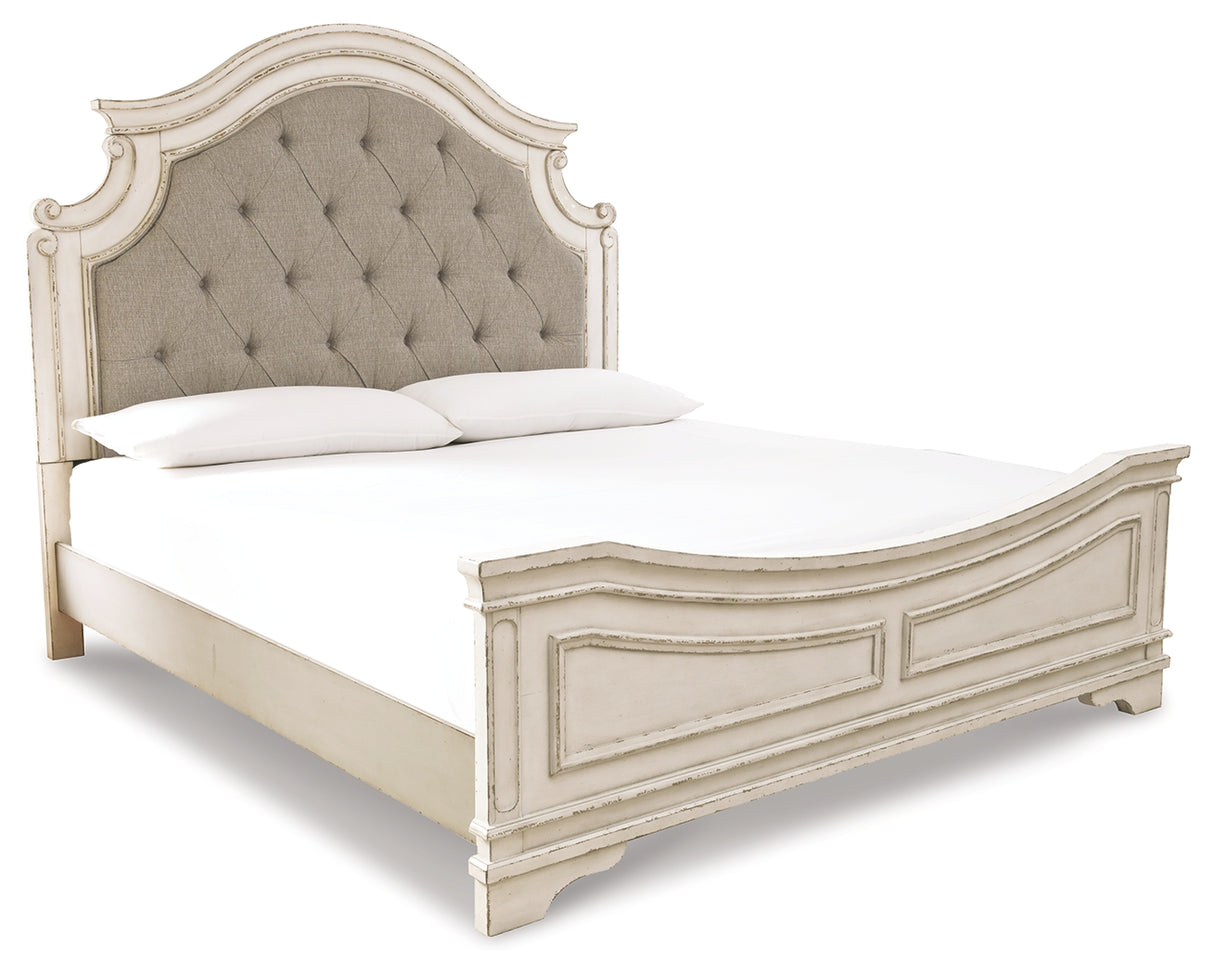 Realyn King Upholstered Panel Bed with Dresser in Chipped White - PKG000717