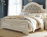 Realyn King Upholstered Panel Bed with Dresser in Chipped White - PKG000717