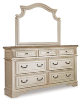 Realyn King Upholstered Panel Bed with Mirrored Dresser and Nightstand in Chipped White - PKG014089