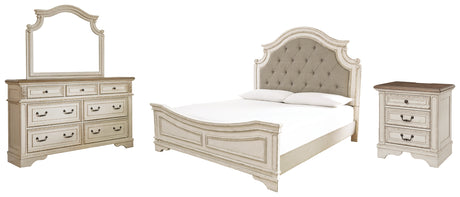 Realyn King Upholstered Panel Bed with Mirrored Dresser and Nightstand in Chipped White - PKG014089