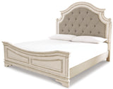 Realyn King Upholstered Panel Bed with Mirrored Dresser and Nightstand in Chipped White - PKG014089