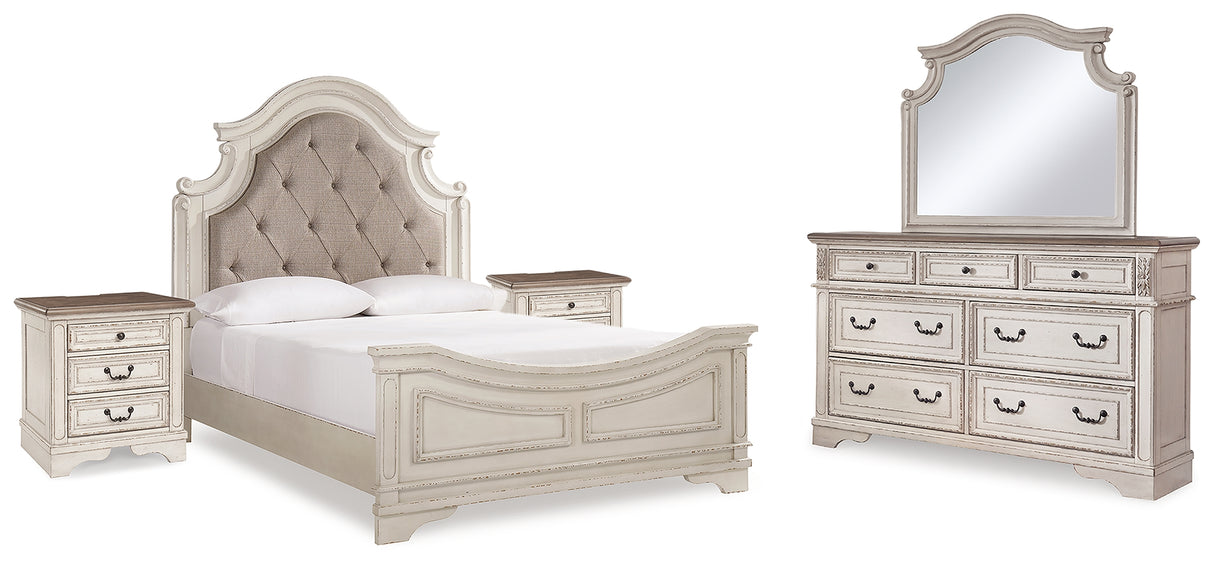 Realyn Queen Upholstered Panel Bed with Mirrored Dresser and 2 Nightstands in Chipped White - PKG007889