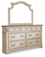 Realyn Queen Upholstered Panel Bed with Mirrored Dresser and 2 Nightstands in Chipped White - PKG007889